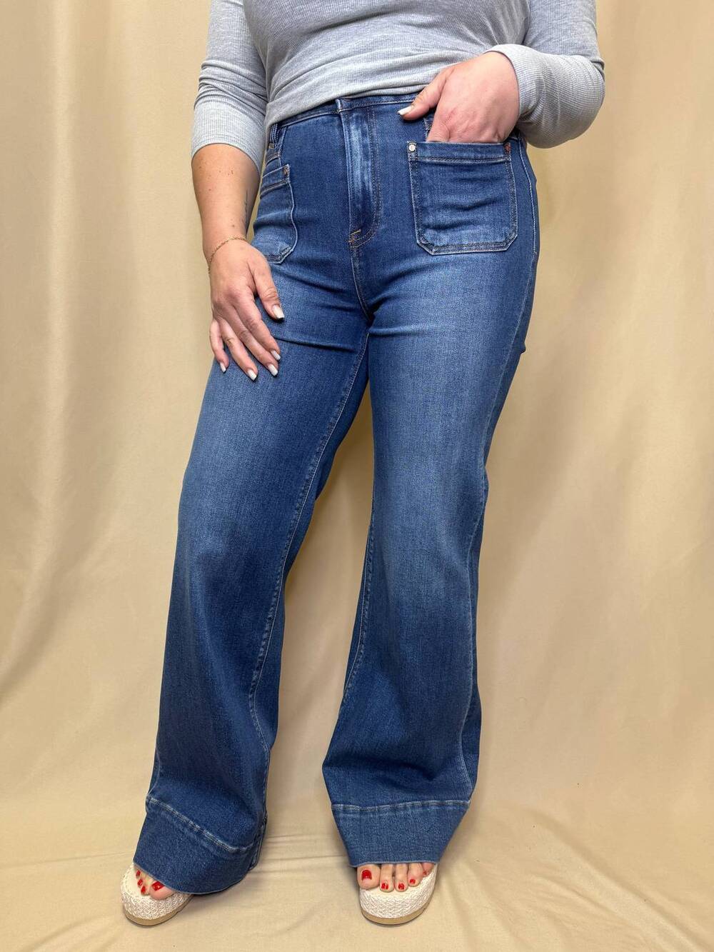 NEW RISEN flare patch pocket jeans in dark